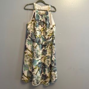 White and blue halter dress with gold beaded neckline